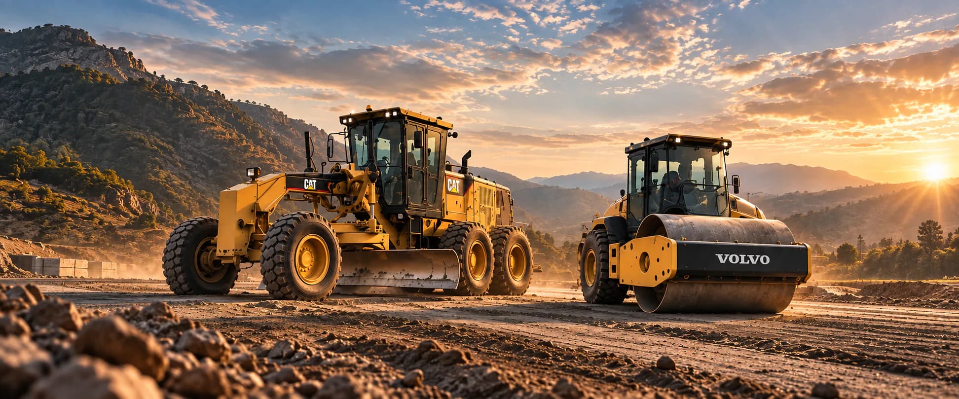Motor grader and road roller machinery at a construction site